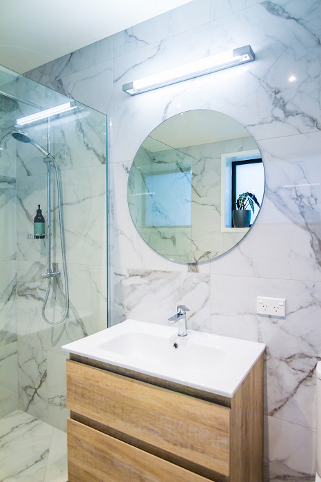 New Wave Construction Titirangi Studio Build Bathroom Marble Wall Tiles